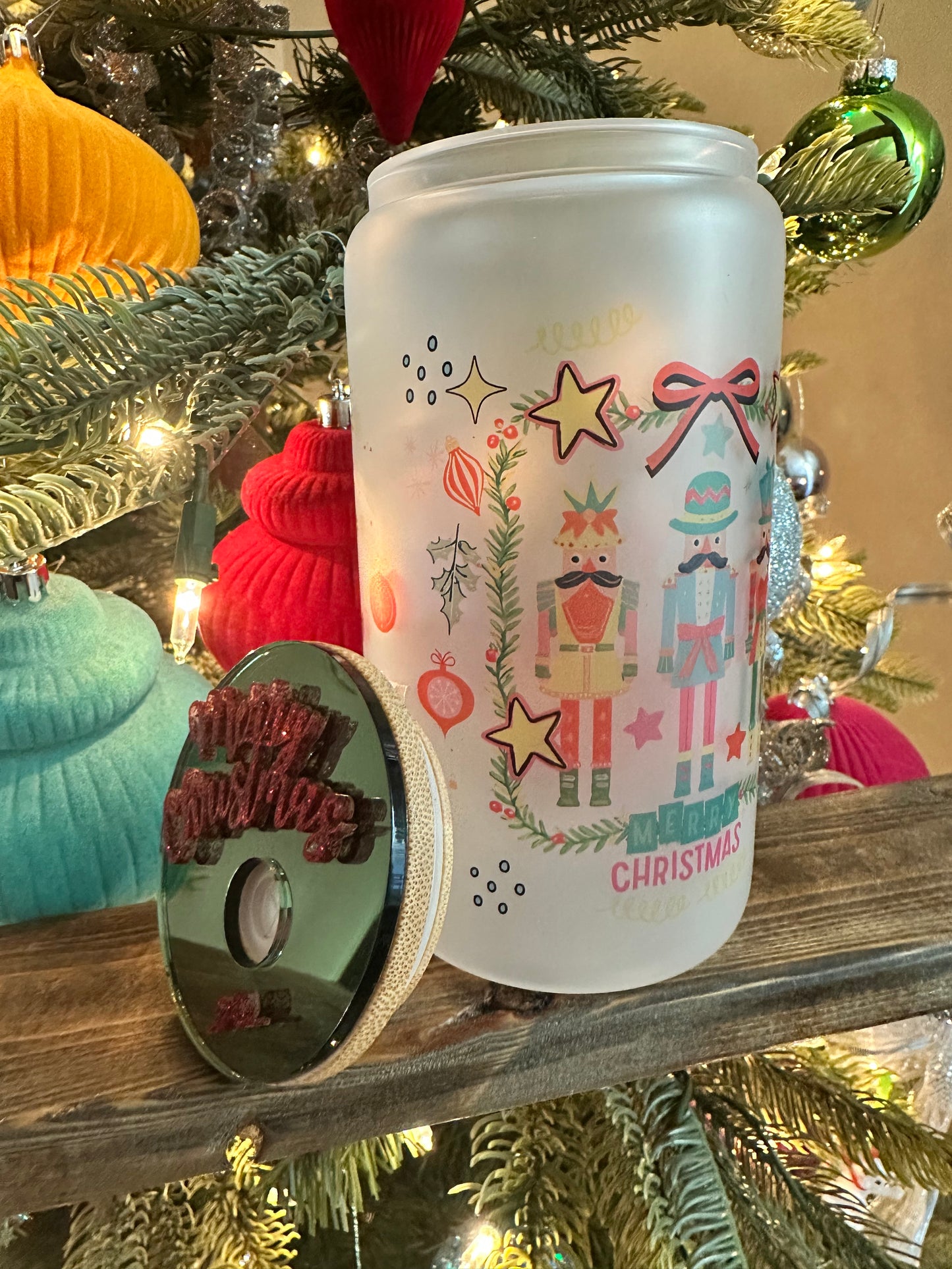 Nutcracker Wreath Christmas Cup | Frosted 16oz Glass Can | Women’s Holiday Iced Coffee Cup