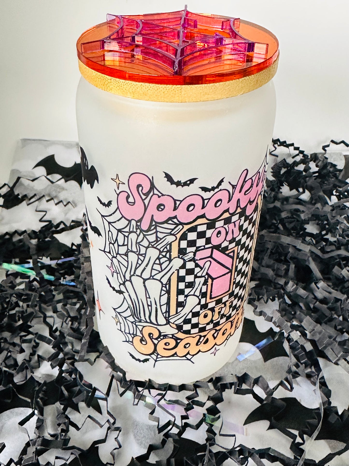 Personalized Glass Cup Spooky Season On Off with Spider Topper
