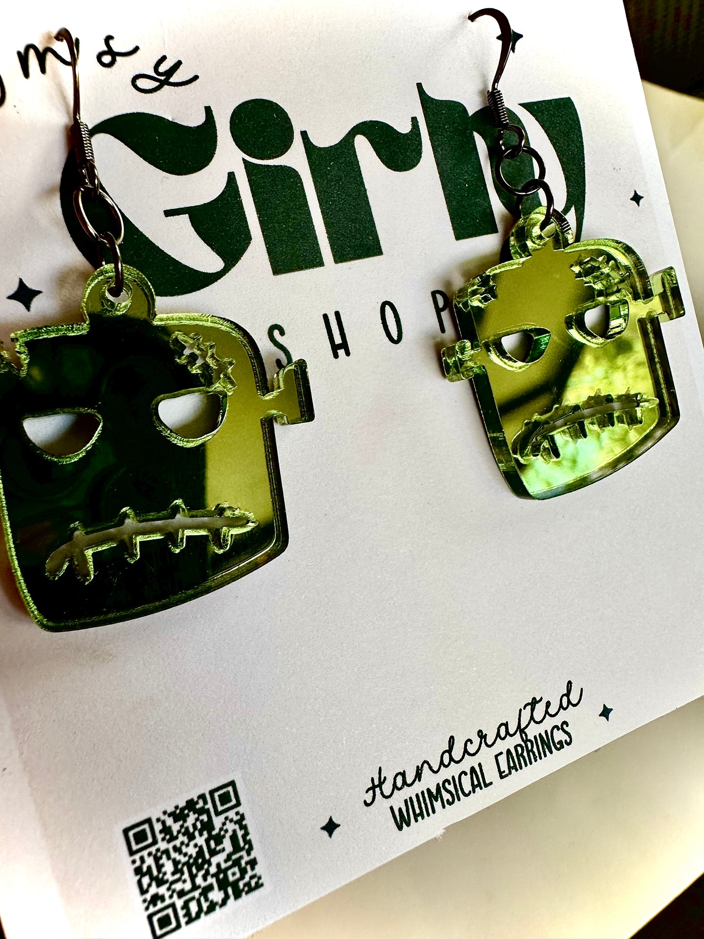 Frankenstein Monster Earrings – Spooky Green Acrylic Earrings – Halloween Dangle Earrings