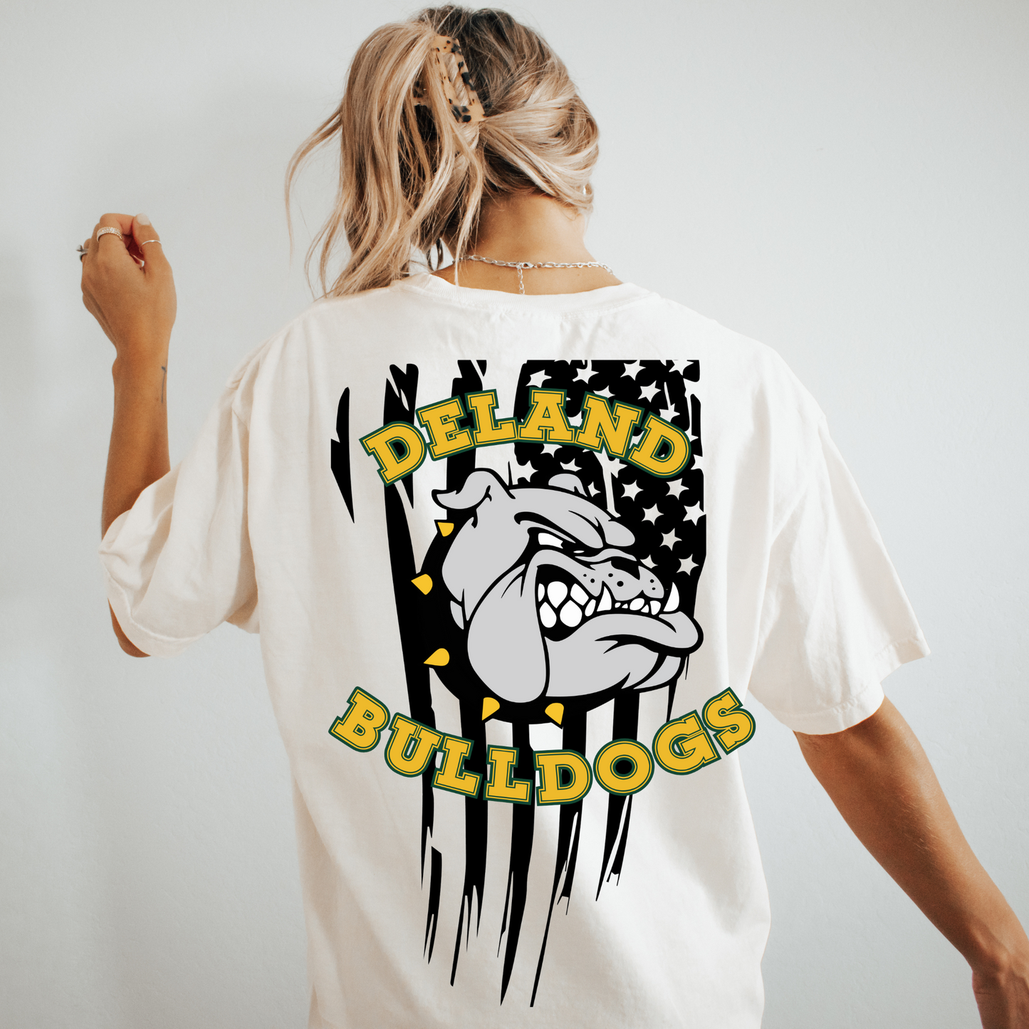 DeLand Bulldogs Unisex Football Spirit Tee - Front & Back Distressed Flag Design