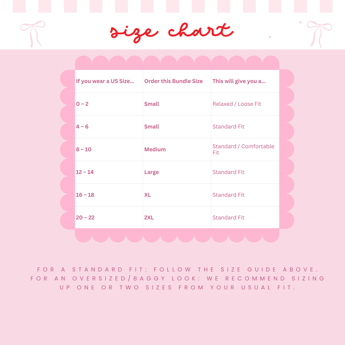 Size chart on a pink background with text and measurements