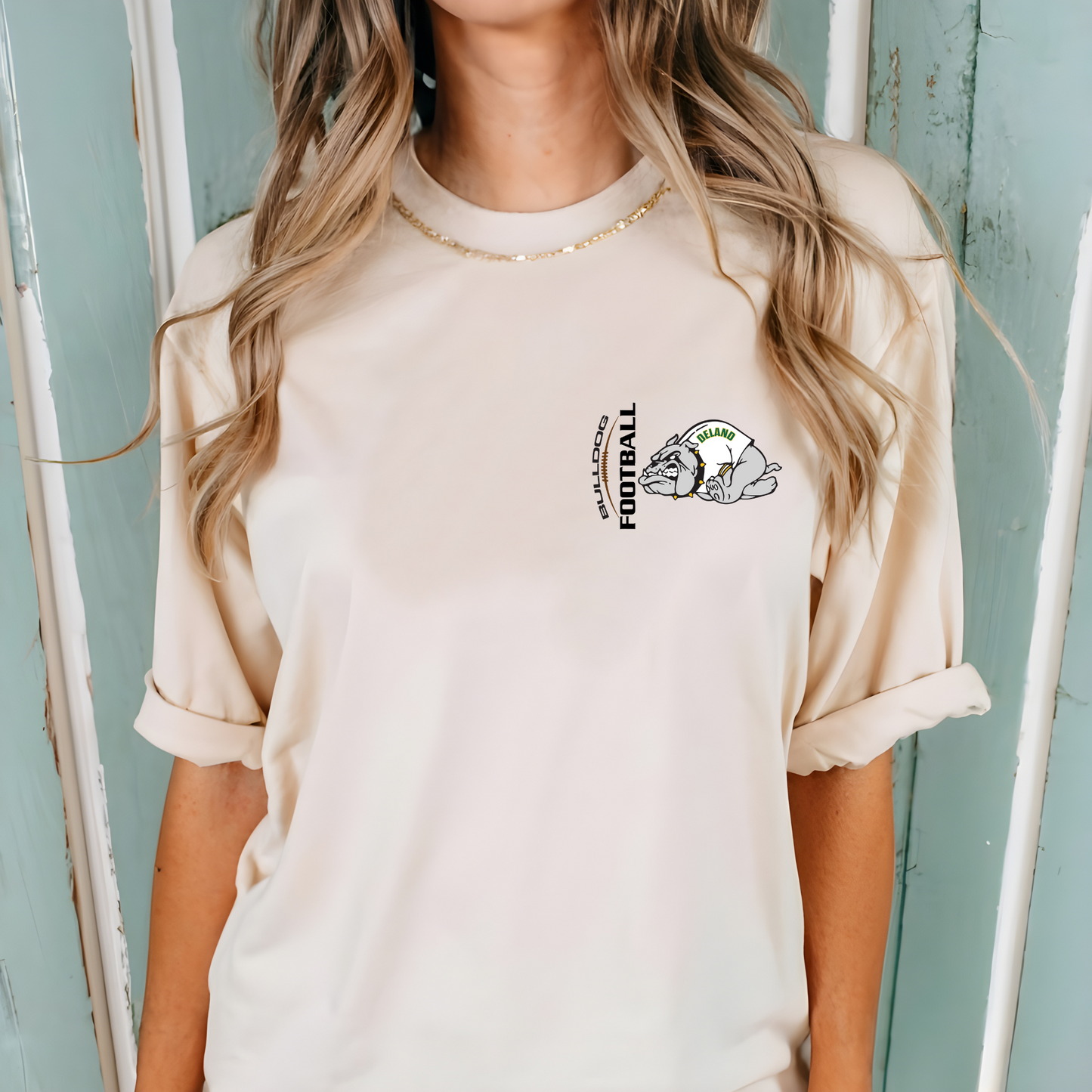 DeLand Bulldogs Unisex Football Logo Spirit Tee - Front & Back Distressed Flag Design