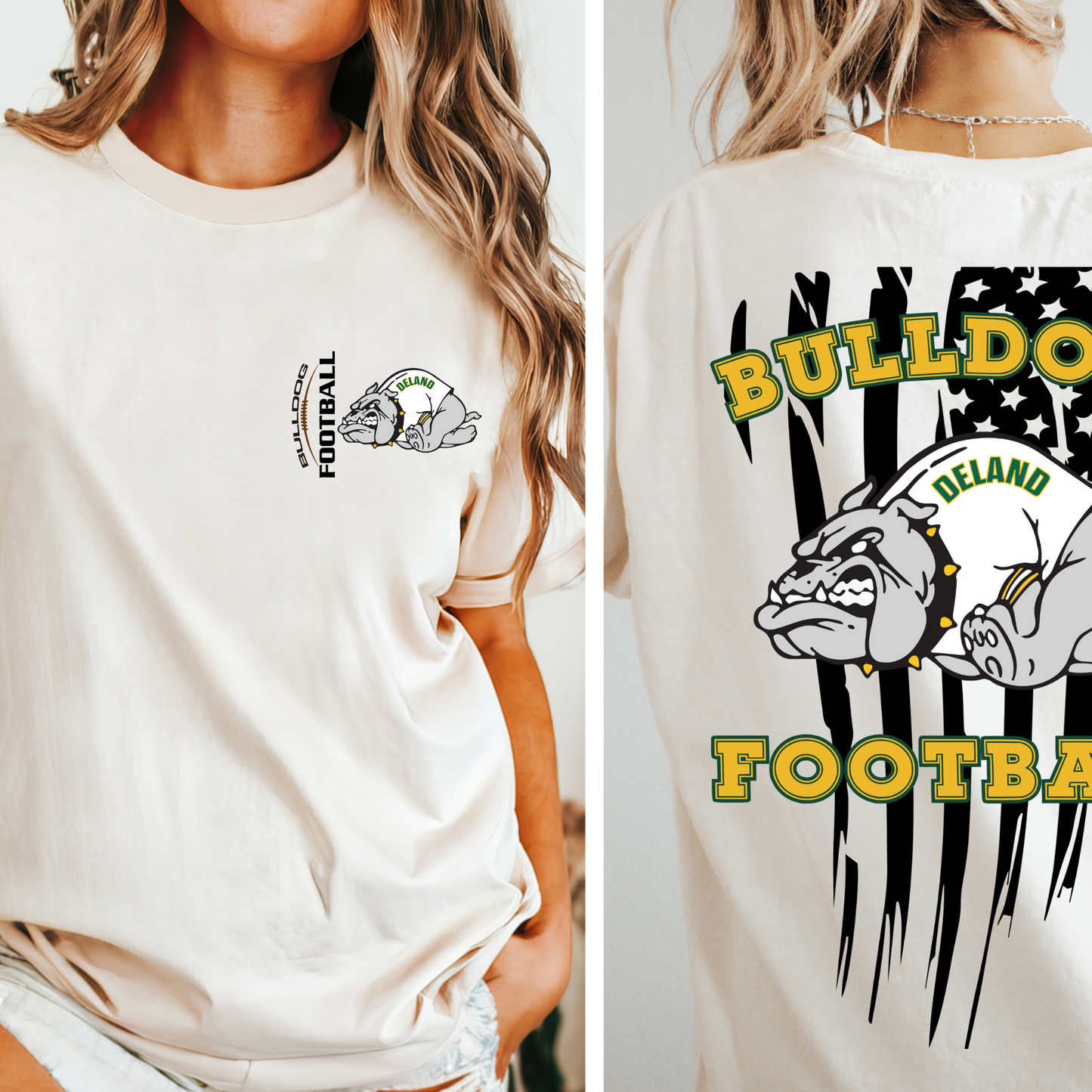 DeLand Bulldogs Unisex Football Logo Spirit Tee - Front & Back Distressed Flag Design