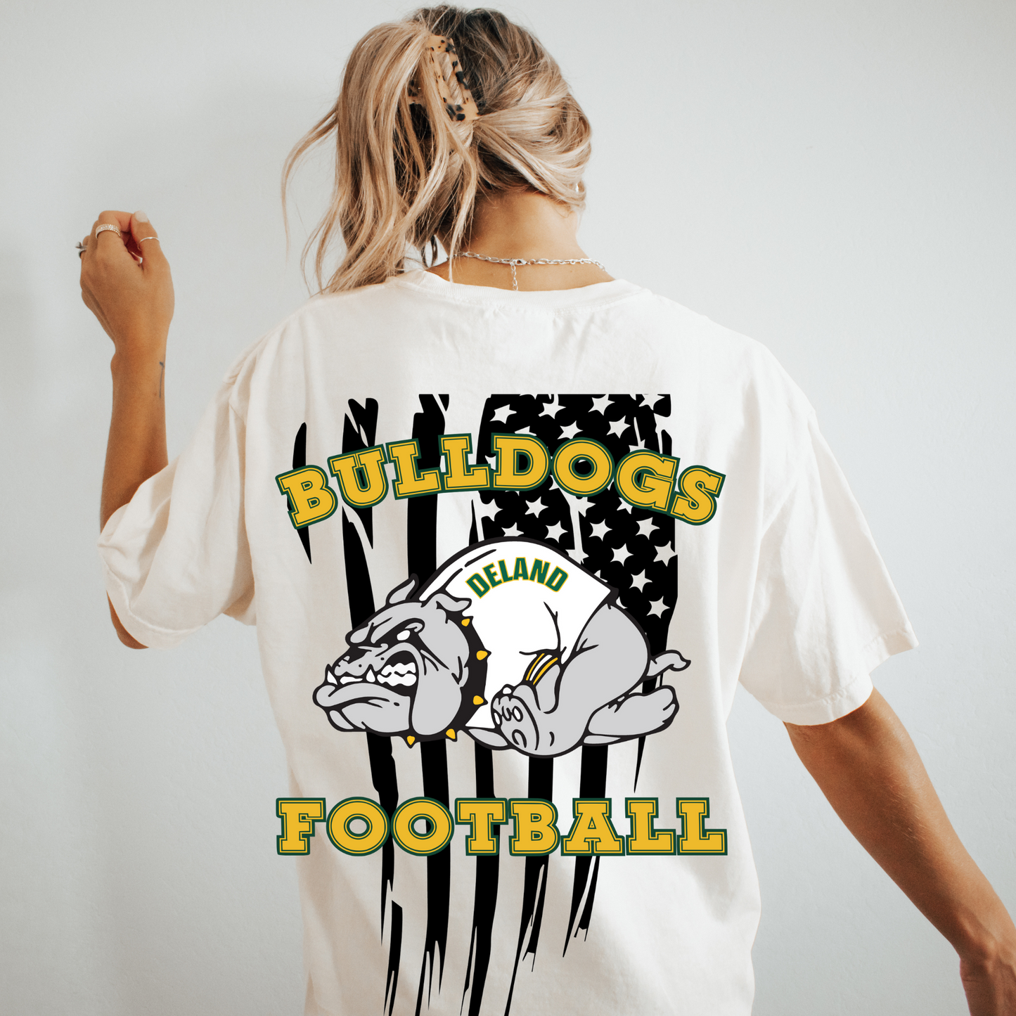 DeLand Bulldogs Unisex Football Logo Spirit Tee - Front & Back Distressed Flag Design