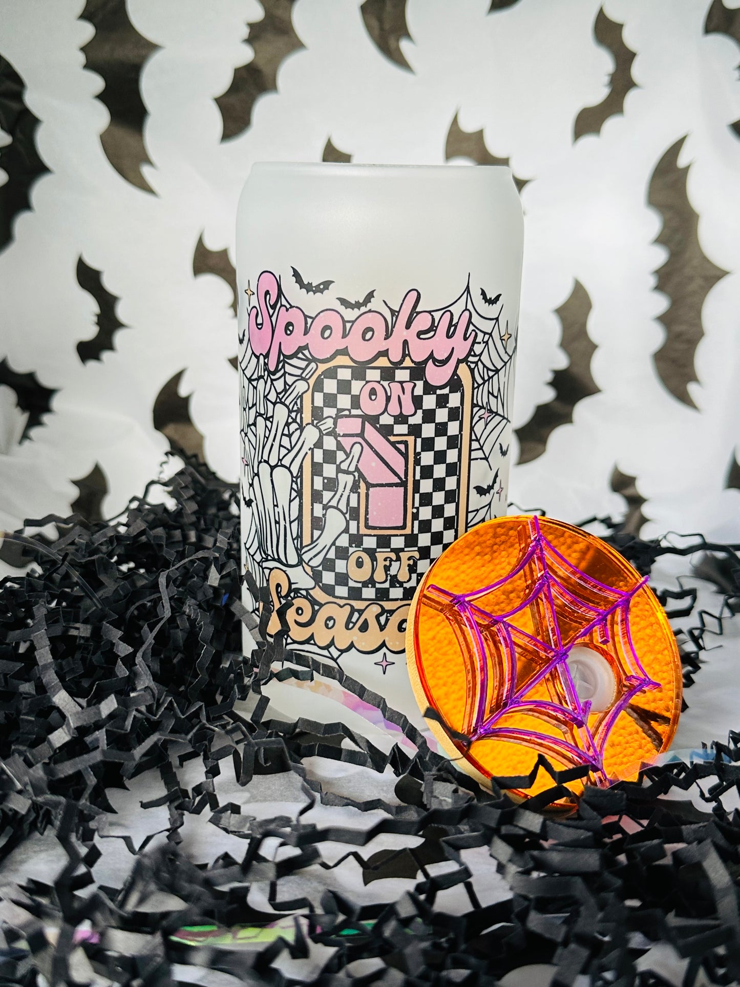 Personalized Glass Cup Spooky Season On Off with Spider Topper