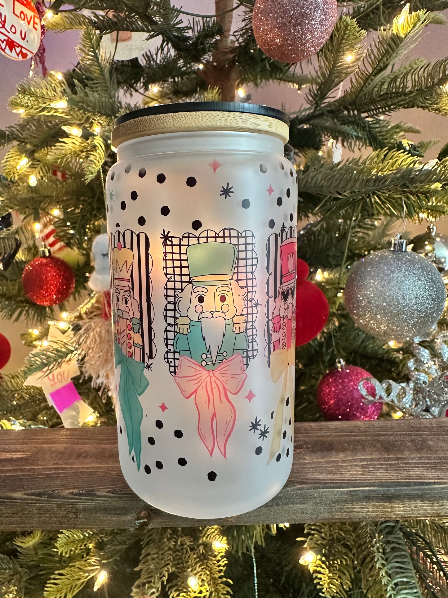 Pastel Nutcracker Christmas Cup | Frosted 16oz Glass Can | Women’s Holiday Iced Coffee Cup