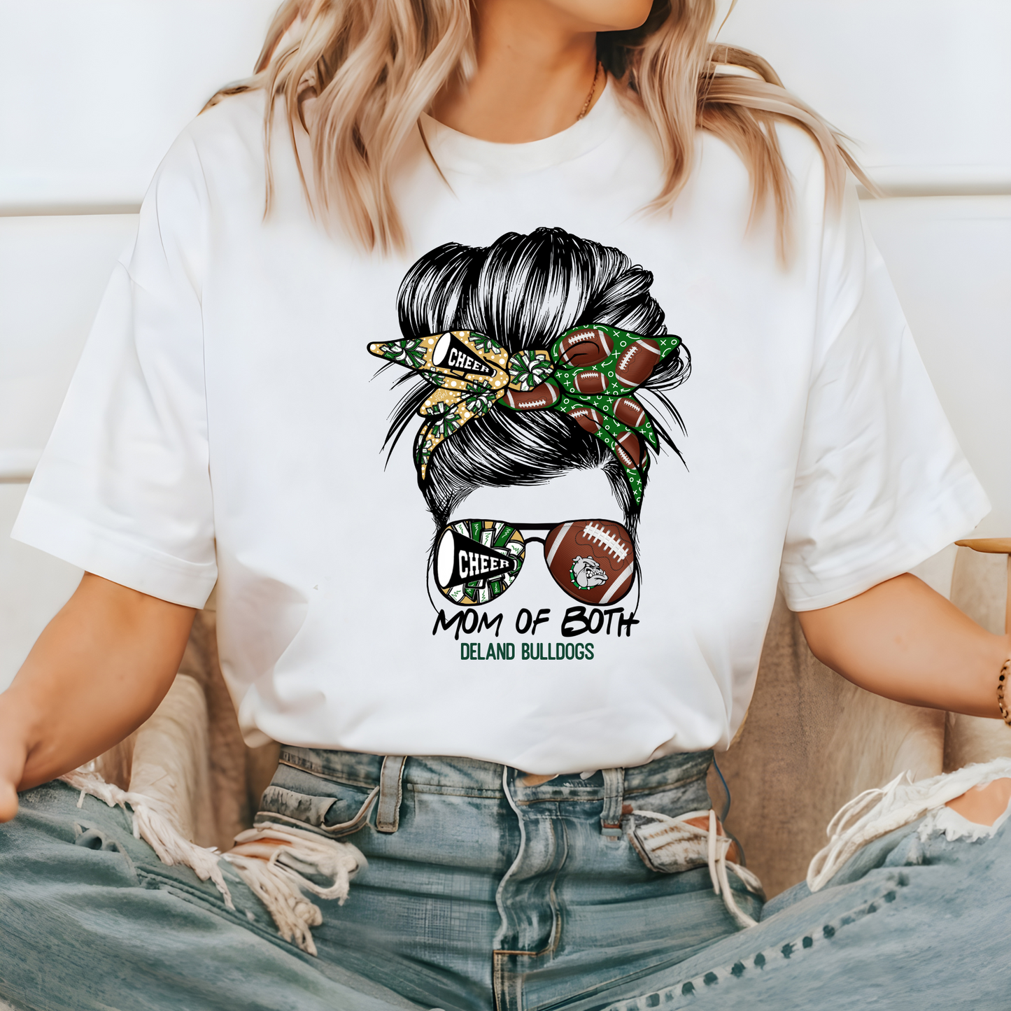 Mom of Both DeLand Bulldogs Messy Bun Football and Cheer Shirt - Green & Gold