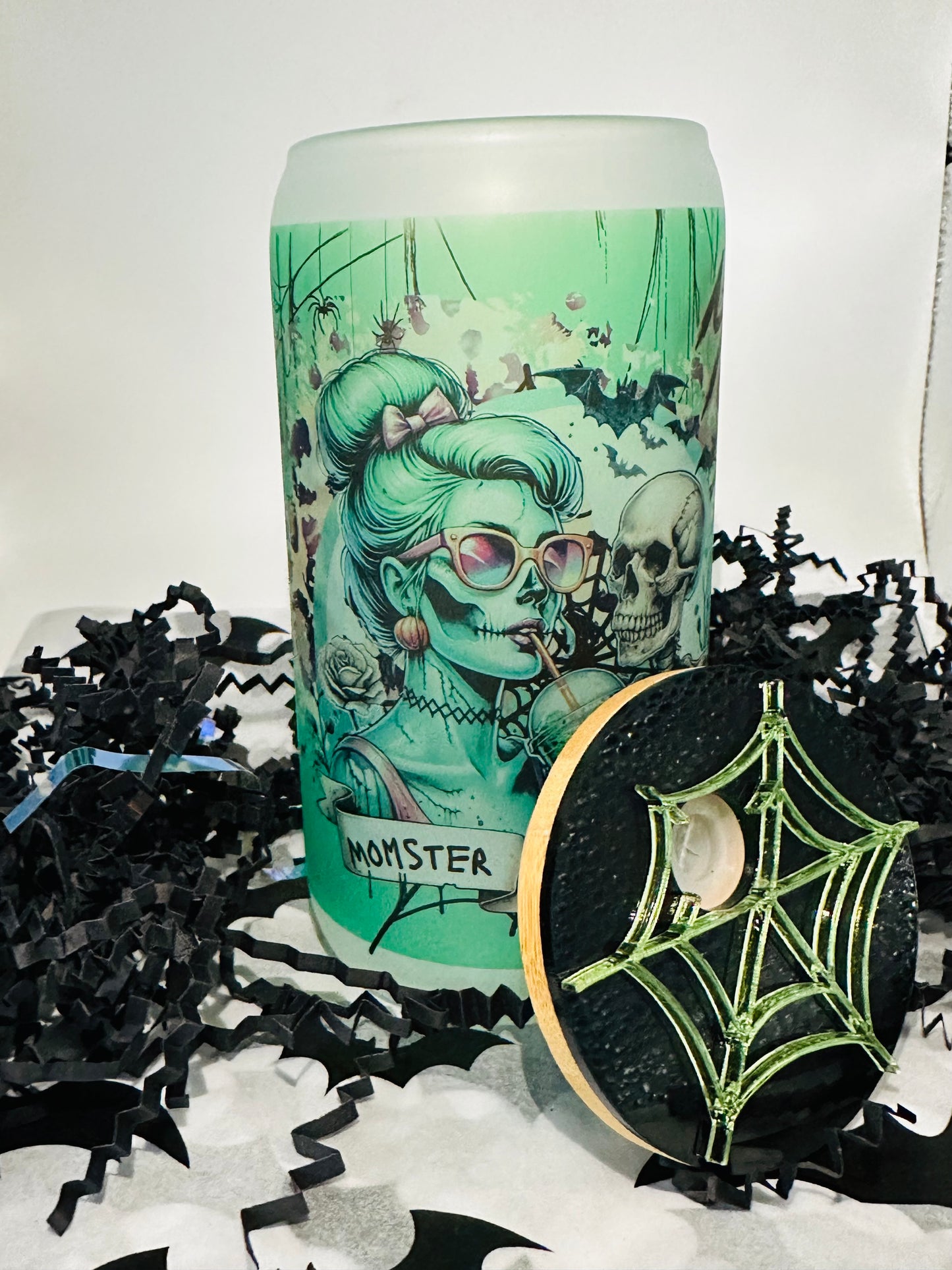 Personailzed "Momster" 16 oz Glass Cup with Spider Topper