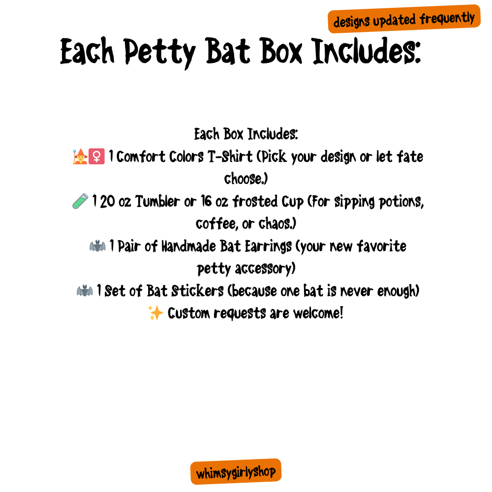 Petty Bat Box | Comfort Colors Tee + Tumbler + Bat Earrings + Stickers | Spooky Halloween Gift | Whimsy Girly Shop Halloween Womens OOTD