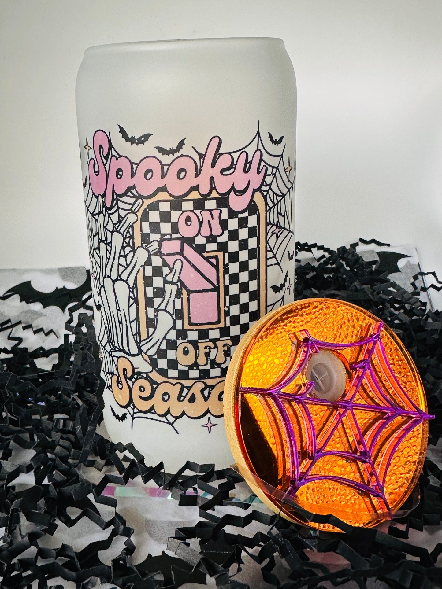 Personalized Glass Cup Spooky Season On Off with Spider Topper