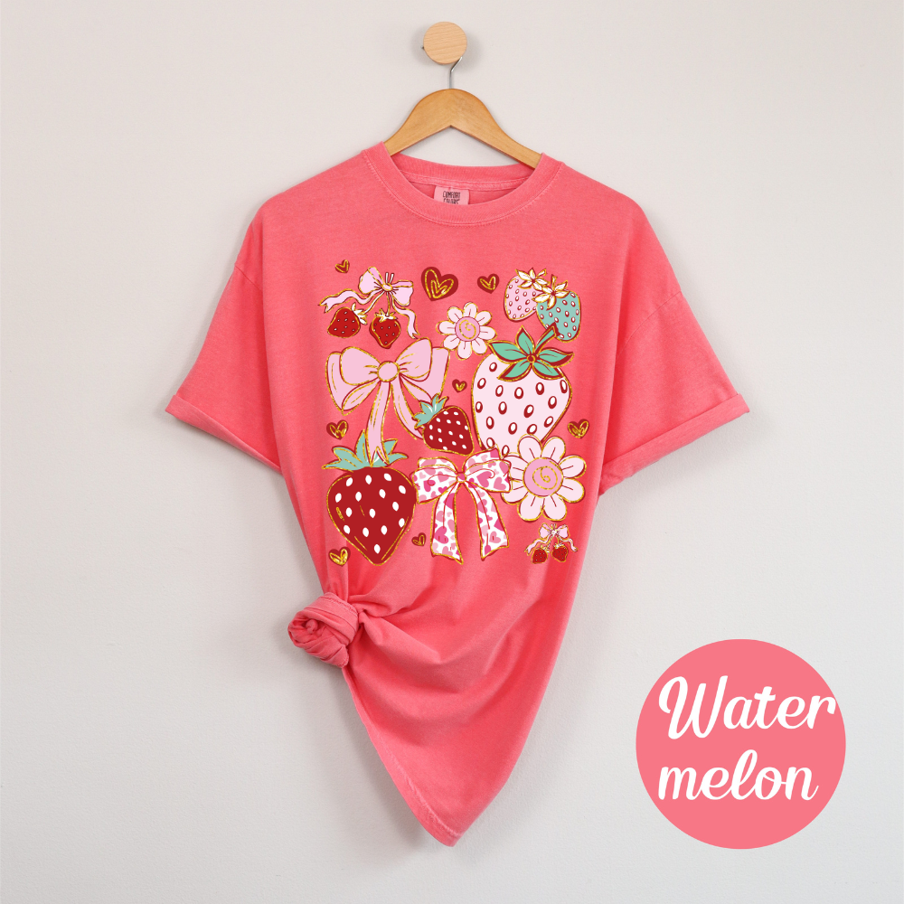 Coquette Strawberry Garden Tee – Bows, Blossoms & Summer Love Tee or Tank