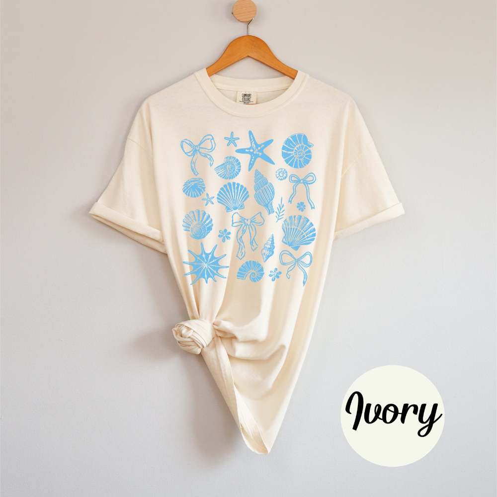 Coquette Clam Shell Tee – Pearl Bows & Summer Vibes Tee or Tank