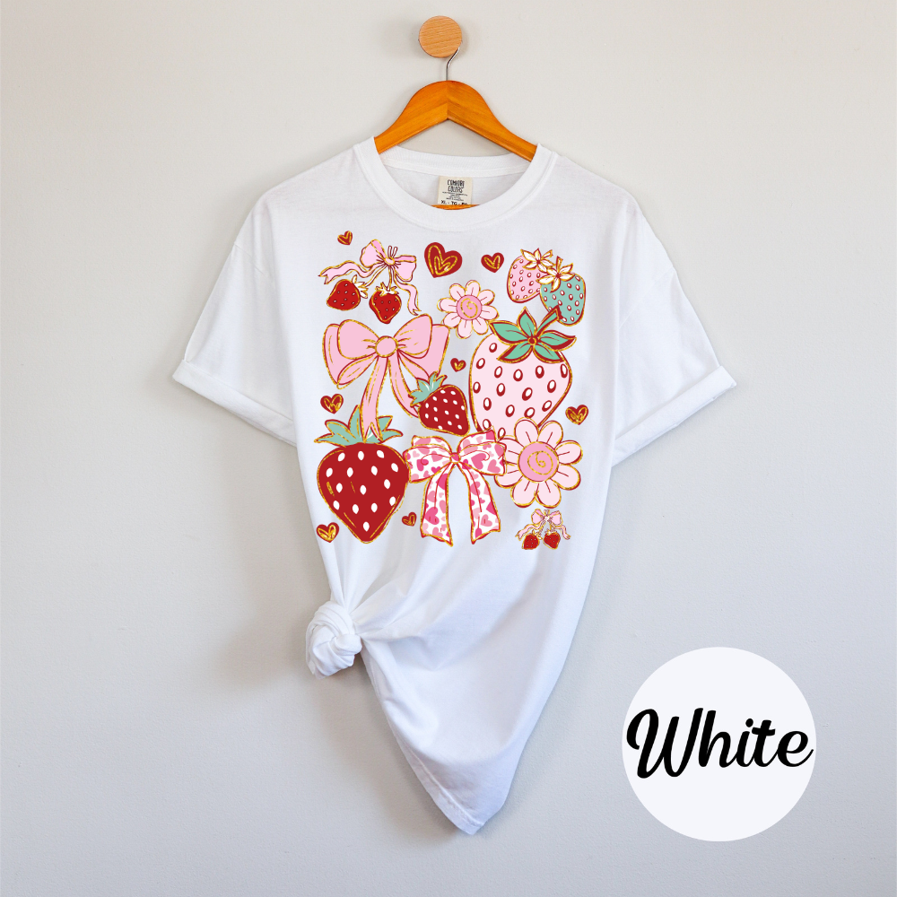 Coquette Strawberry Garden Tee – Bows, Blossoms & Summer Love Tee or Tank