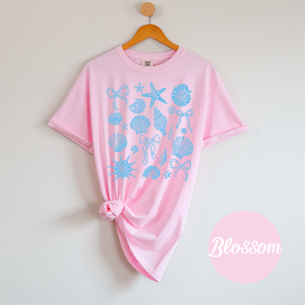 Coquette Clam Shell Tee – Pearl Bows & Summer Vibes Tee or Tank