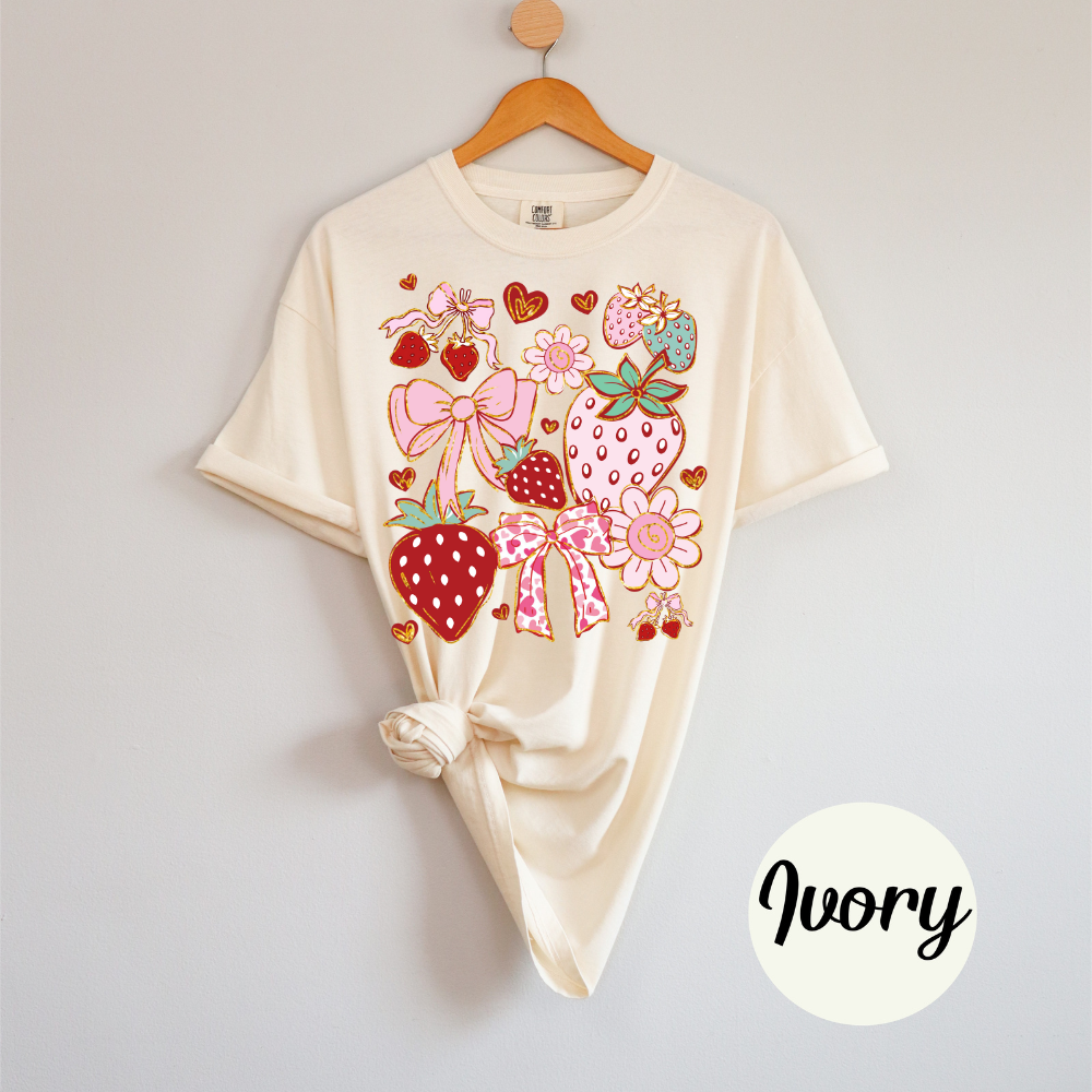 Coquette Strawberry Garden Tee – Bows, Blossoms & Summer Love Tee or Tank