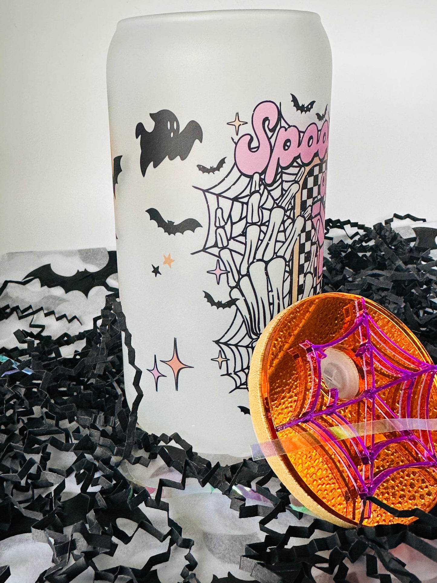Personalized Glass Cup Spooky Season On Off with Spider Topper