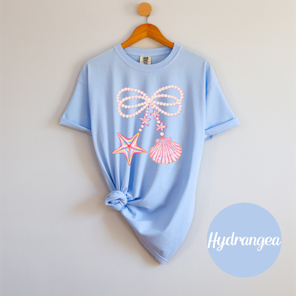 Coquette Clam Shell Tee – Pearl Bows & Summer Vibes
