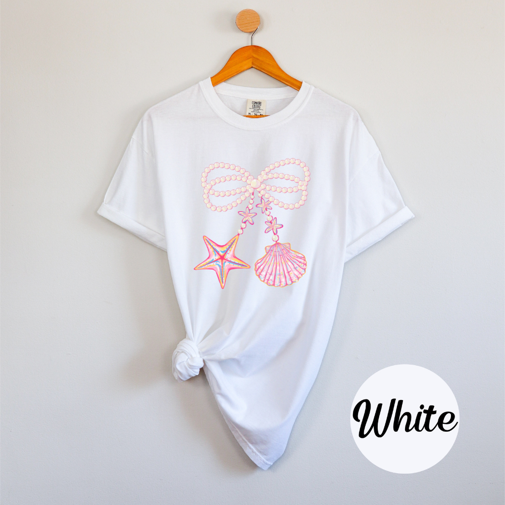 Coquette Clam Shell Tee – Pearl Bows & Summer Vibes