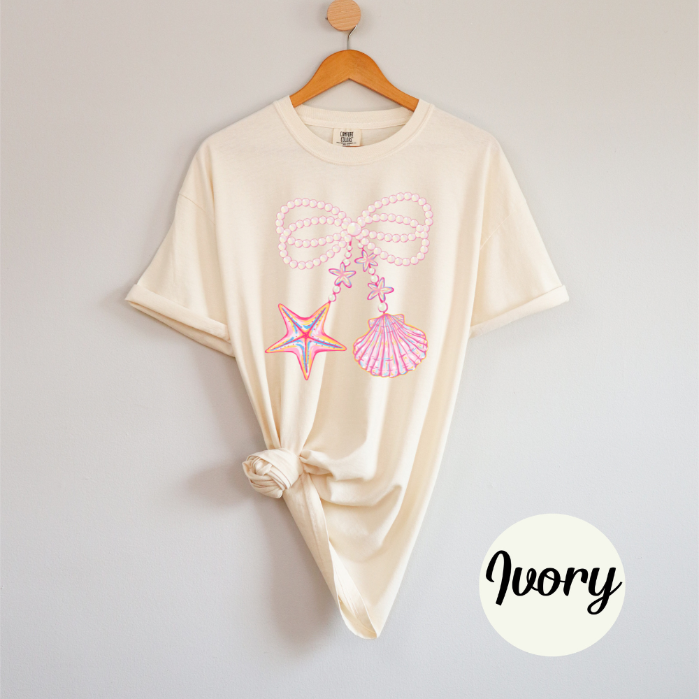 Coquette Clam Shell Tee – Pearl Bows & Summer Vibes