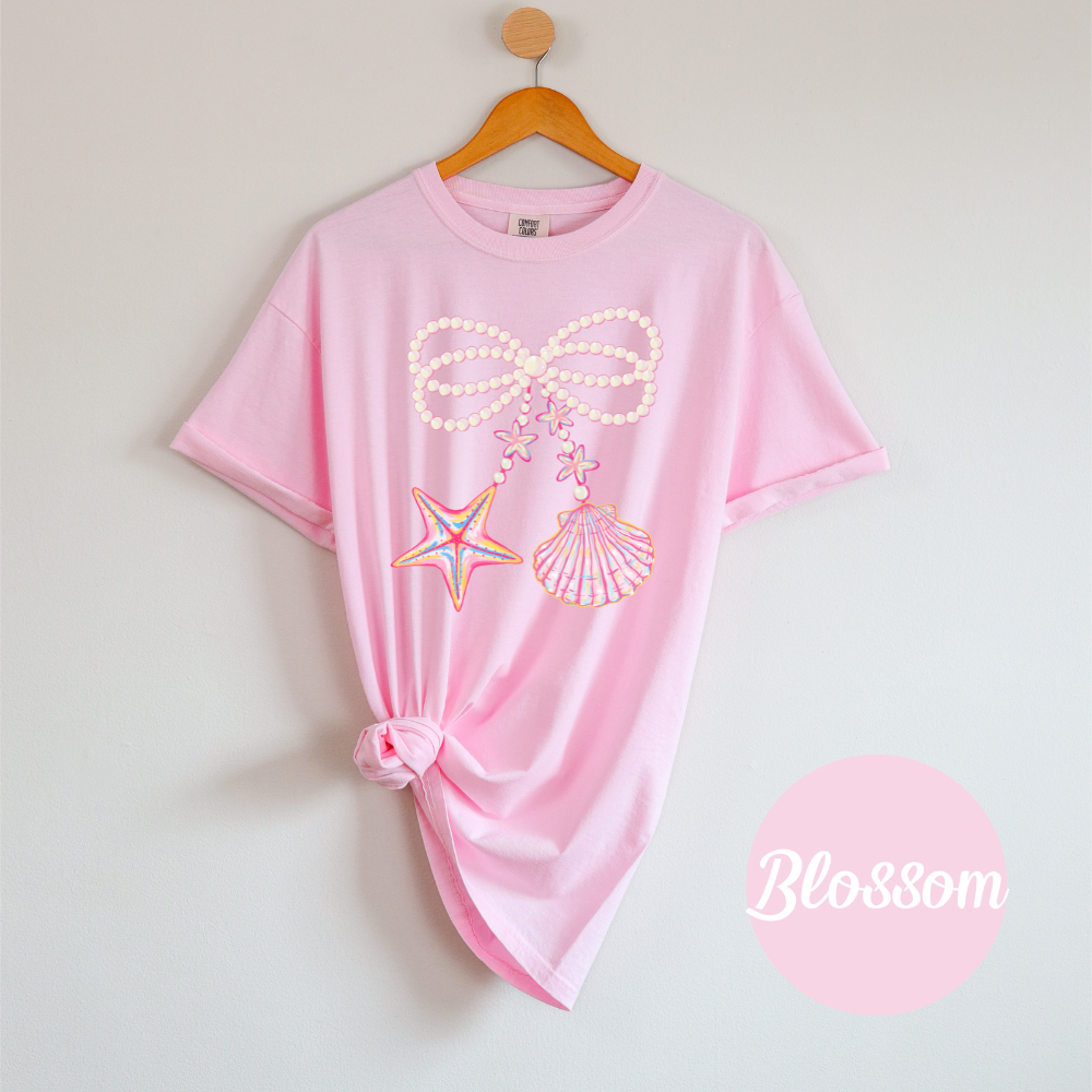 Coquette Clam Shell Tee – Pearl Bows & Summer Vibes