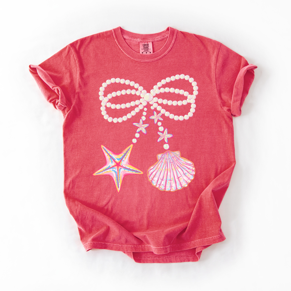Coquette Clam Shell Tee – Pearl Bows & Summer Vibes