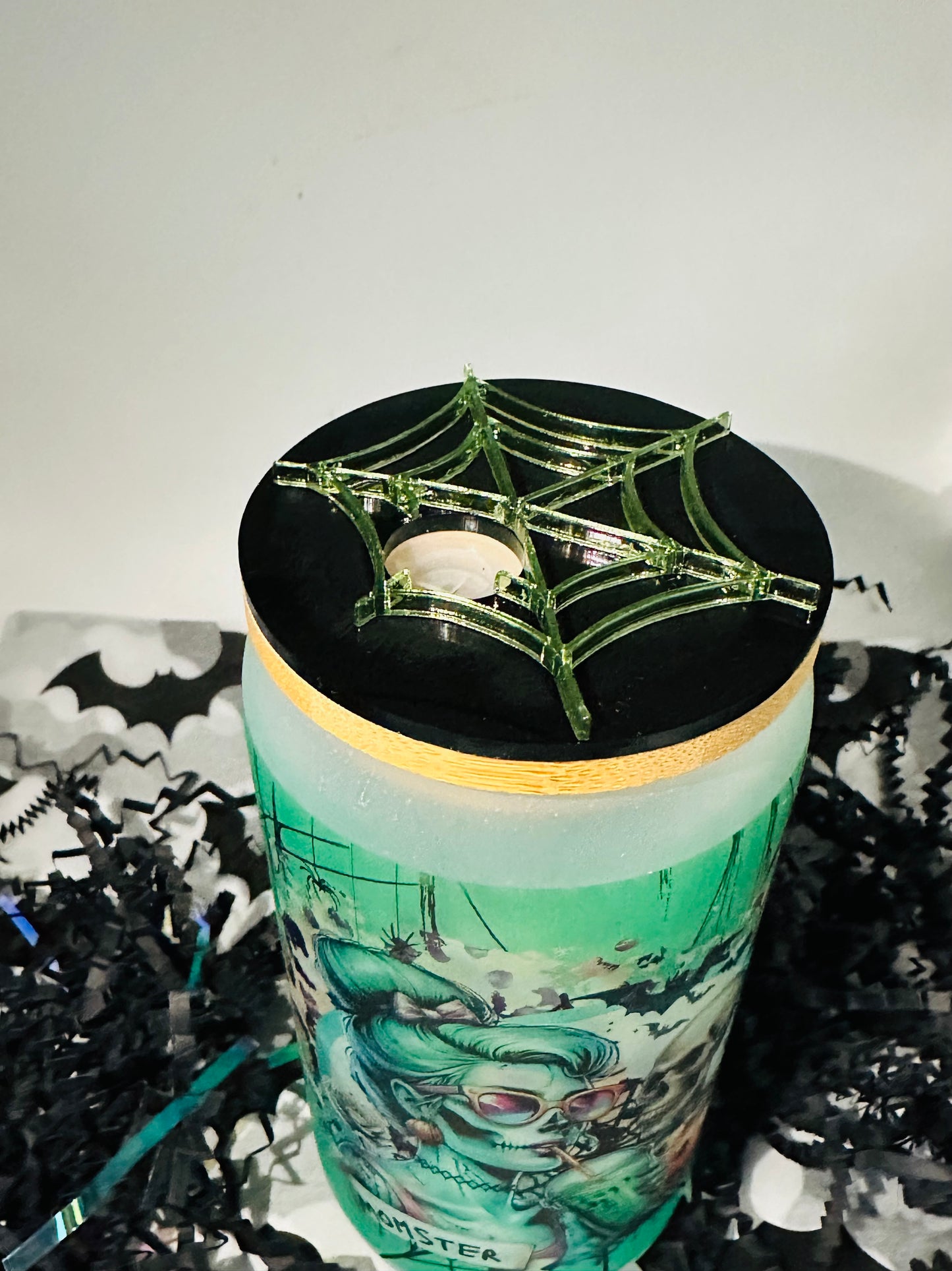 Personailzed "Momster" 16 oz Glass Cup with Spider Topper