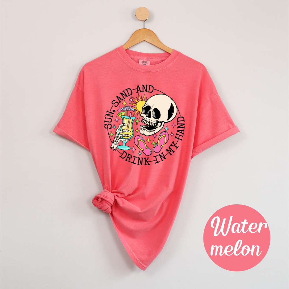 Sun, Sand & a Chance of Chaos Tee – Beach Babe Skeleton Vibes Womens Vacation Shirt