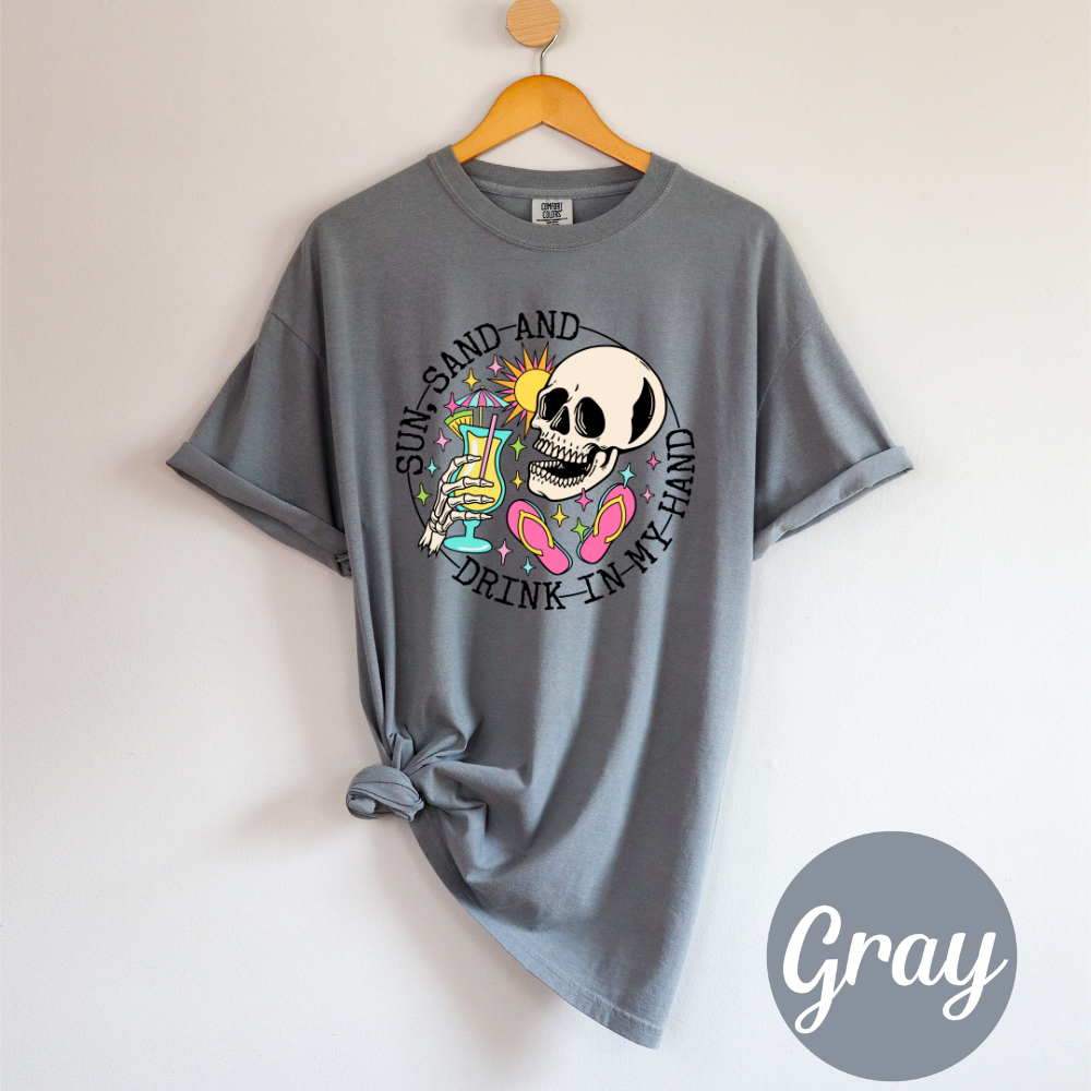 Sun, Sand & a Chance of Chaos Tee – Beach Babe Skeleton Vibes Womens Vacation Shirt
