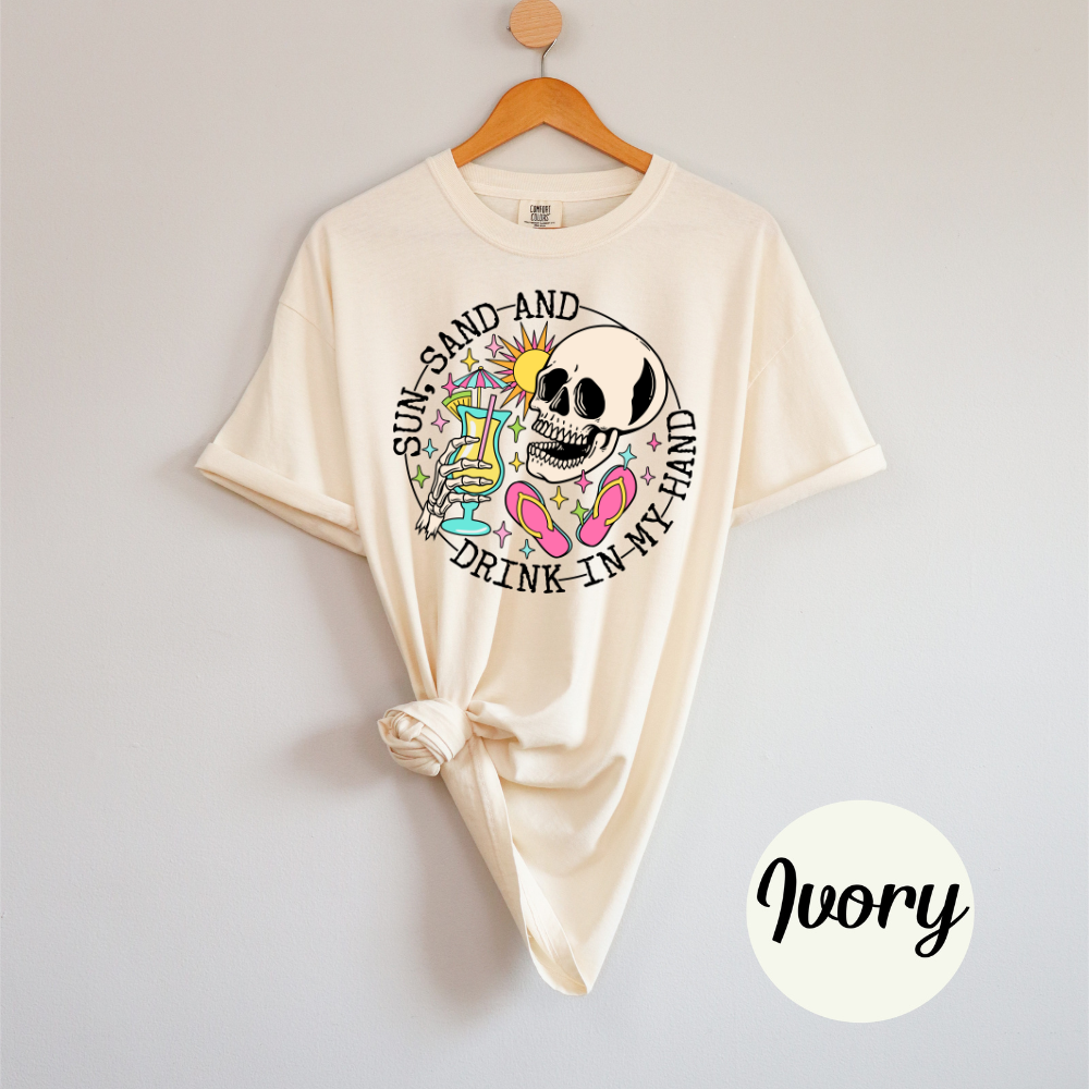 Sun, Sand & a Chance of Chaos Tee – Beach Babe Skeleton Vibes Womens Vacation Shirt