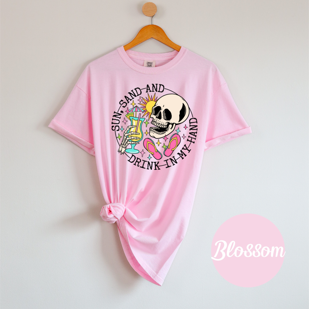 Sun, Sand & a Chance of Chaos Tee – Beach Babe Skeleton Vibes Womens Vacation Shirt