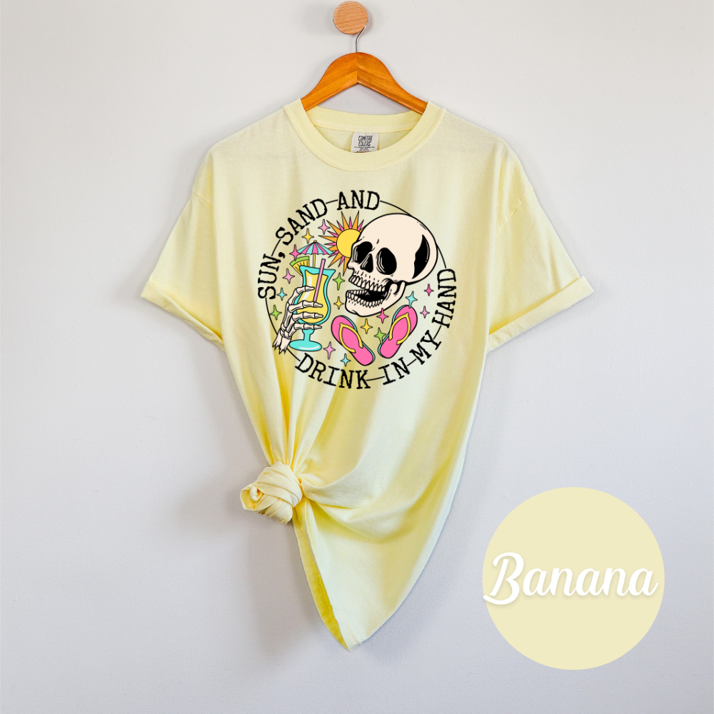 Sun, Sand & a Chance of Chaos Tee – Beach Babe Skeleton Vibes Womens Vacation Shirt
