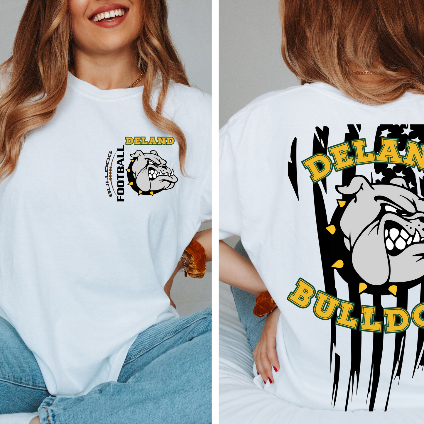 DeLand Bulldogs Unisex Football Spirit Tee - Front & Back Distressed Flag Design