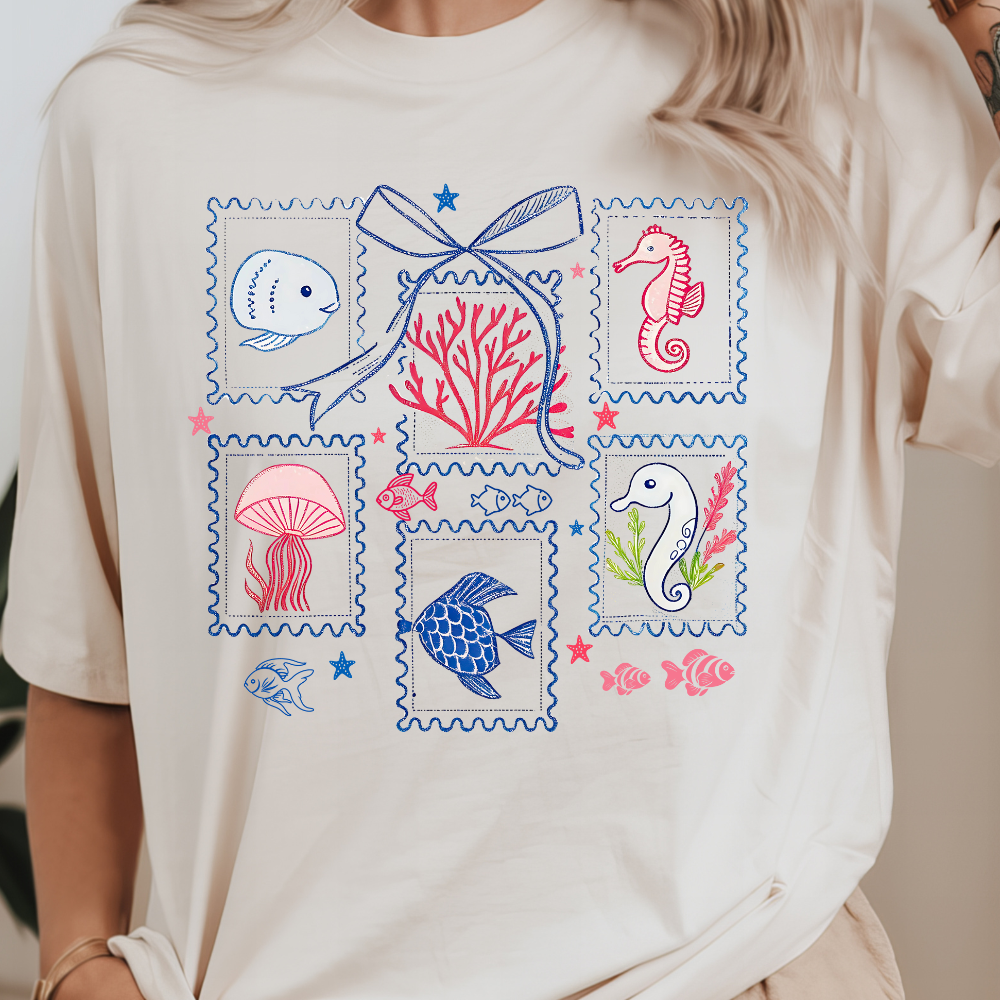 Coastal Patchwork Sea Life Tee – Comfort Colors Women’s T-Shirt