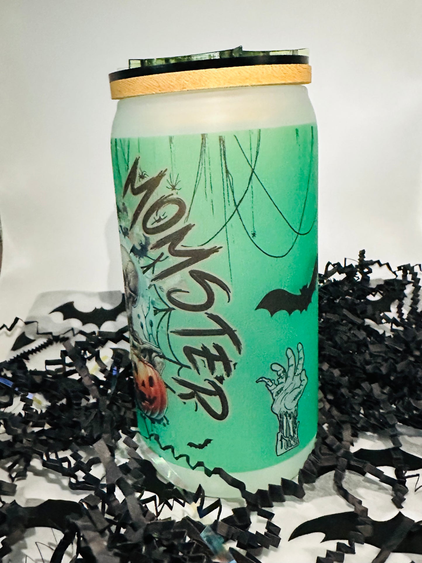 Personailzed "Momster" 16 oz Glass Cup with Spider Topper