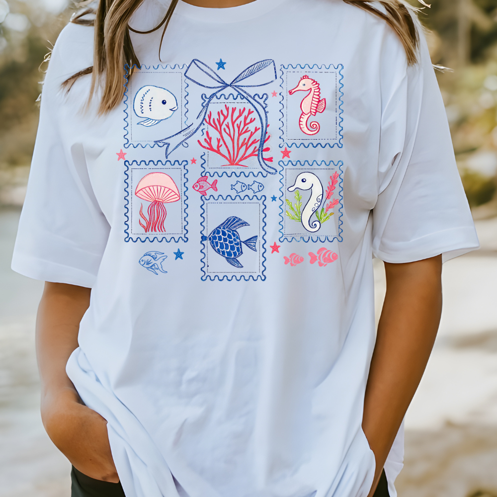 Coastal Patchwork Sea Life Tee – Comfort Colors Women’s T-Shirt