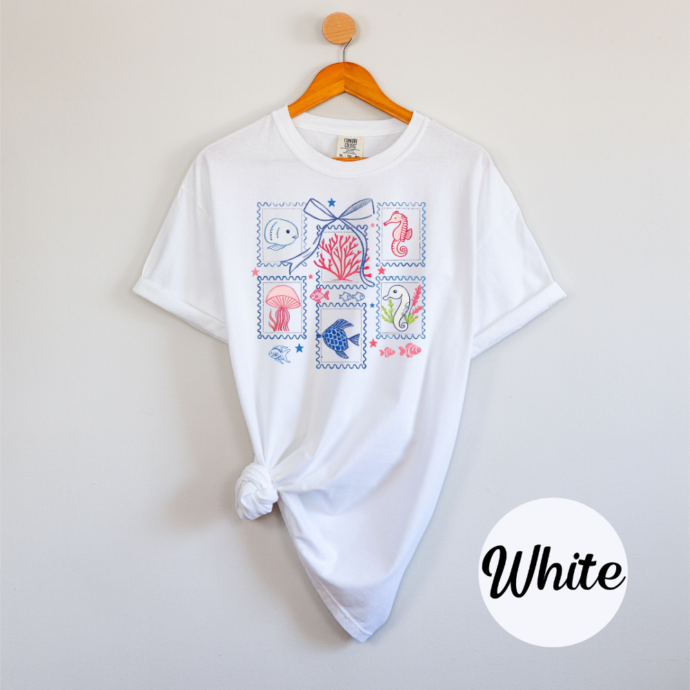 Coastal Patchwork Sea Life Tee – Comfort Colors Women’s T-Shirt