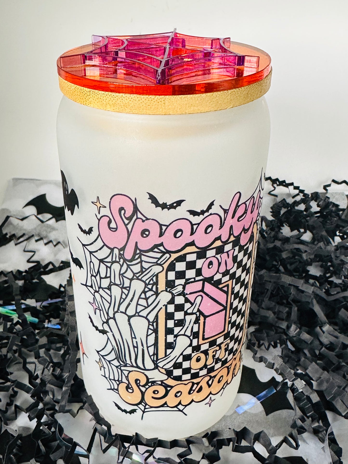 Personalized Glass Cup Spooky Season On Off with Spider Topper