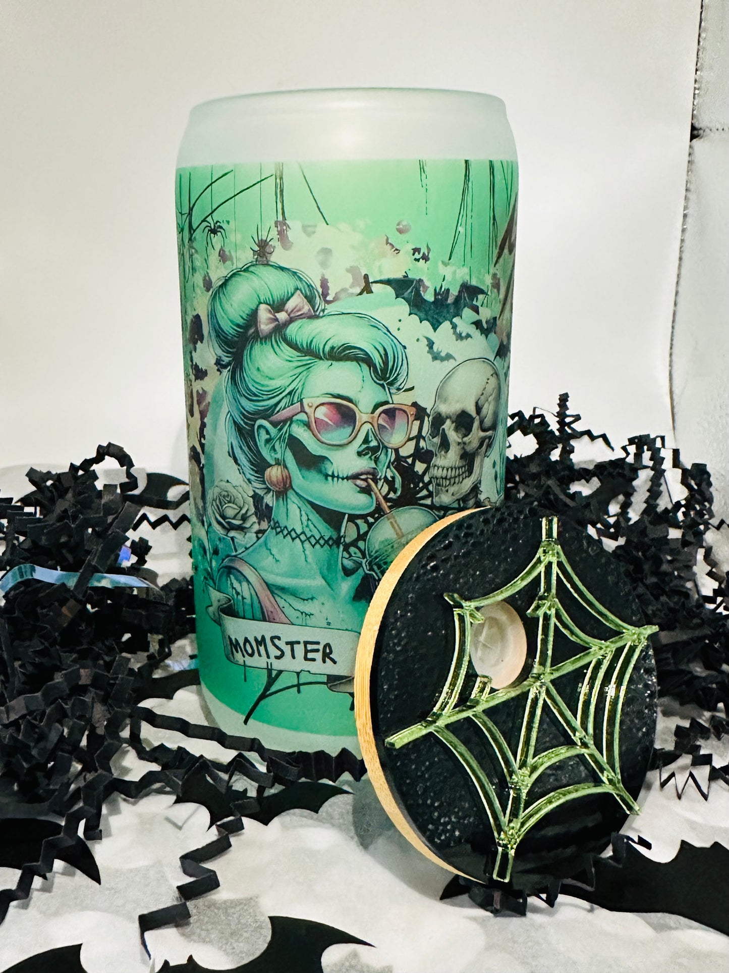 Personailzed "Momster" 16 oz Glass Cup with Spider Topper