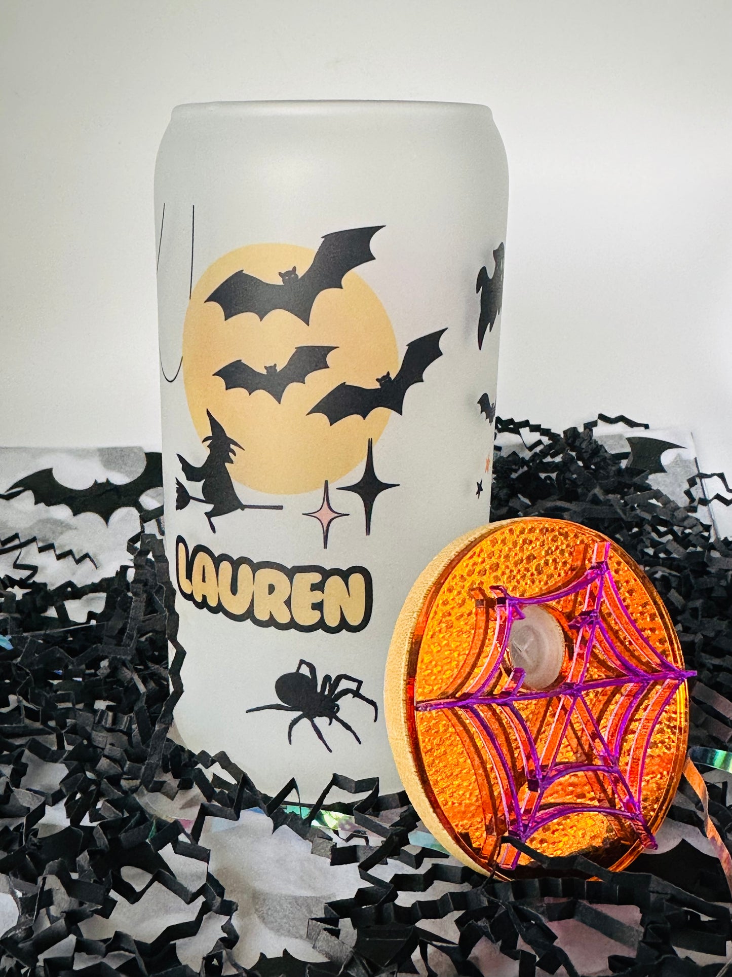 Personalized Glass Cup Spooky Season On Off with Spider Topper