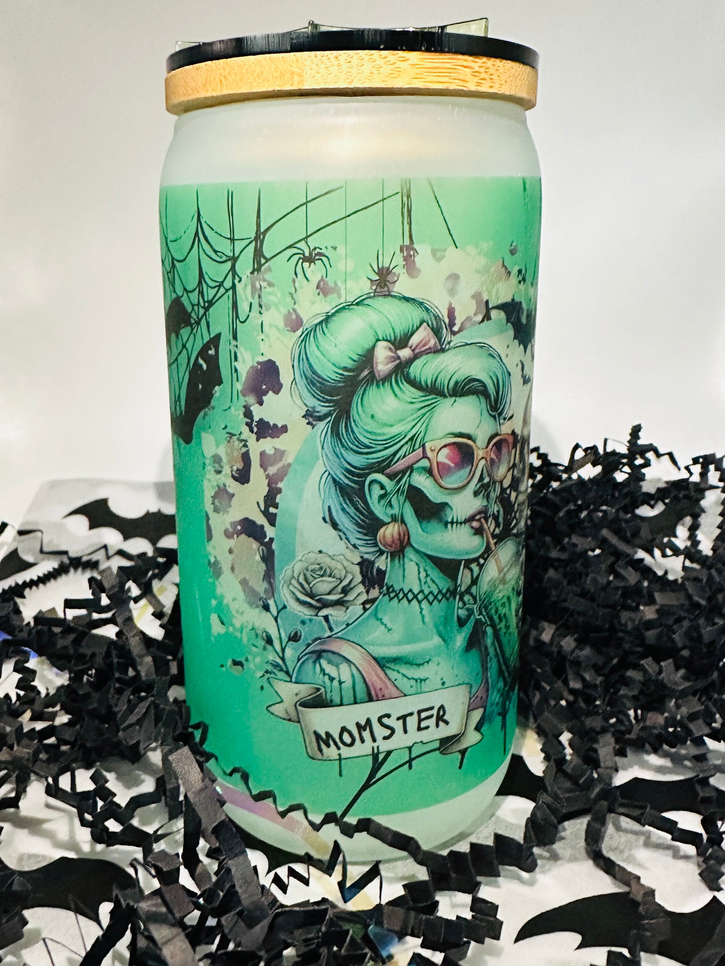 Personailzed "Momster" 16 oz Glass Cup with Spider Topper