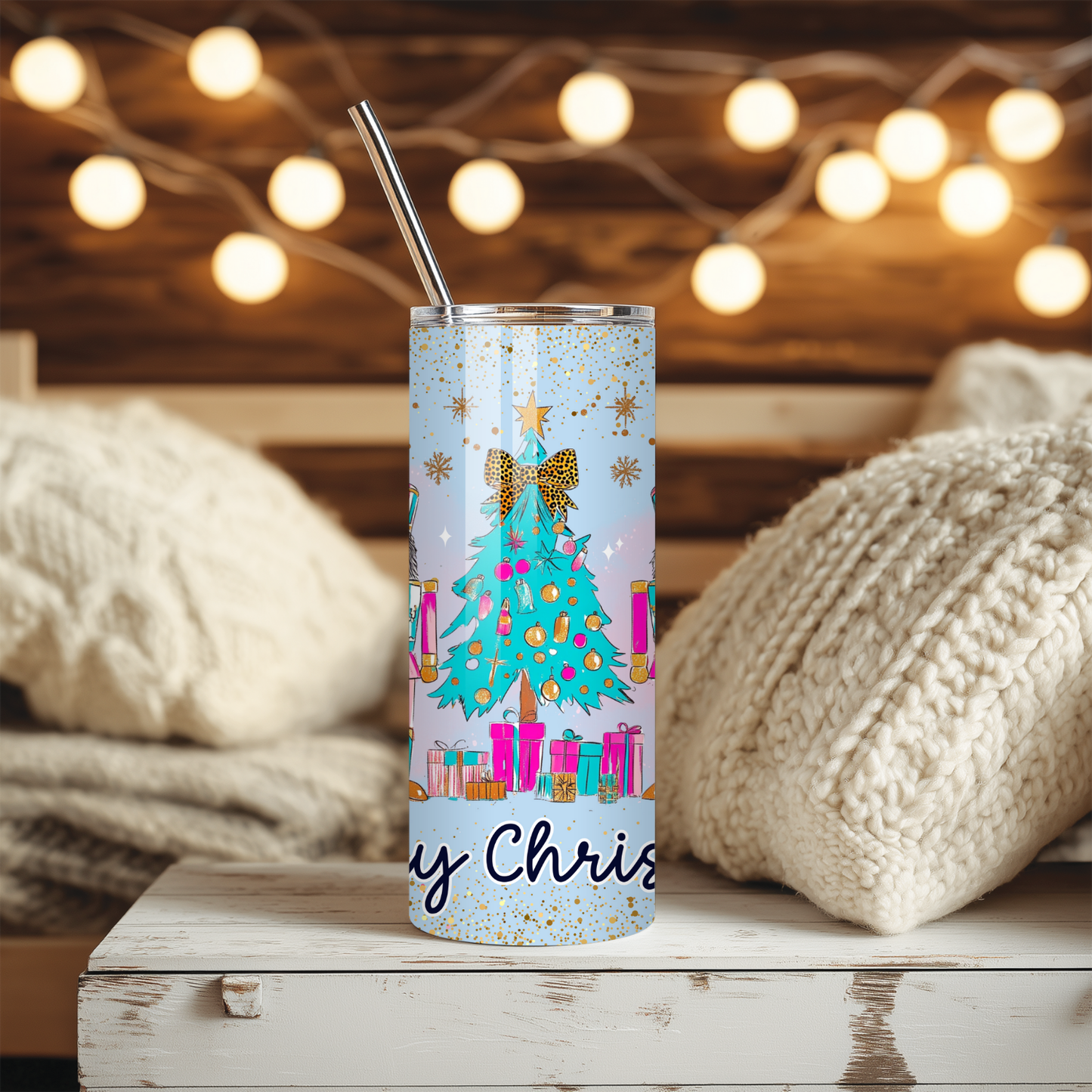 Blue Nutcracker Christmas Tumbler | Whimsy Pastel Tree & Ballet Holiday Cup | Stainless Steel Tumbler