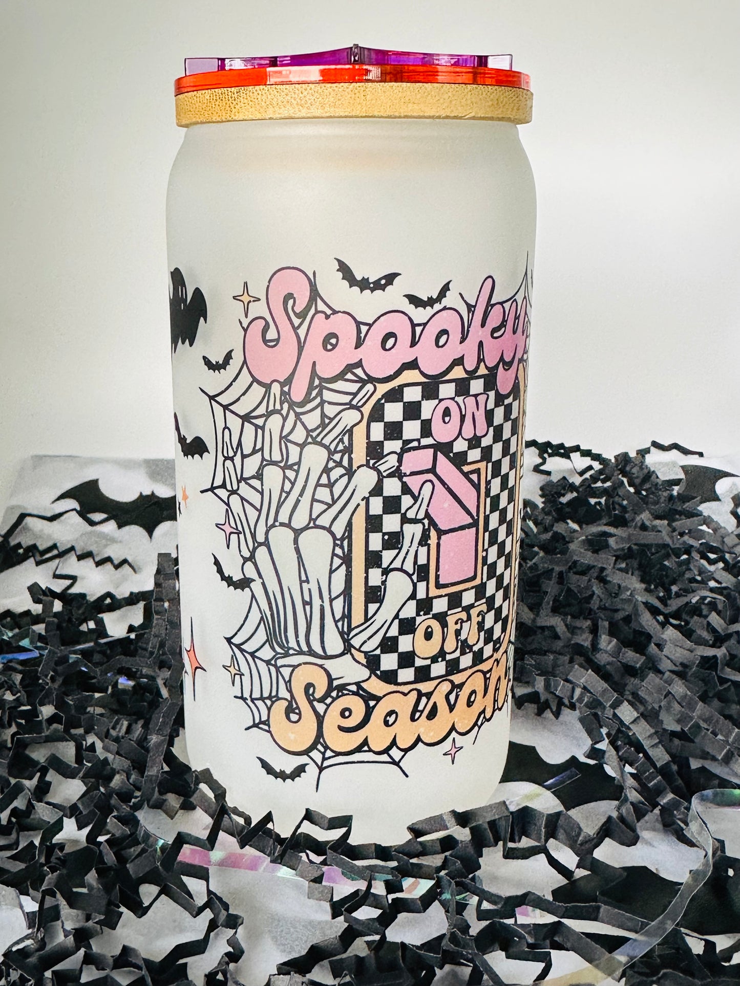 Personalized Glass Cup Spooky Season On Off with Spider Topper