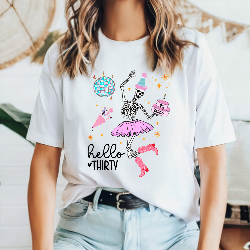 Funny Skeleton Birthday Hello Any Age Birthday Skeleton Tee – Dancing Skeleton Tee Womens Comfort Colors Top Soft Casual Cotton Graphic Shirt