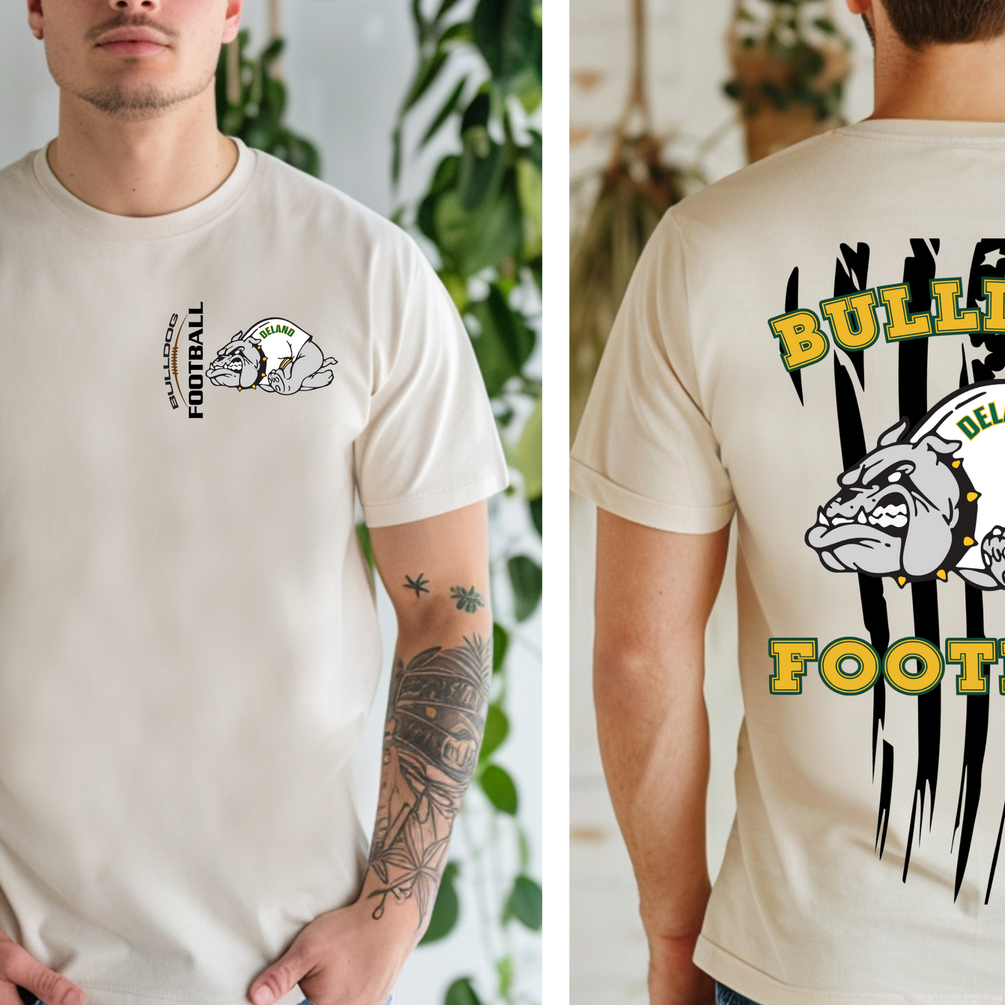 DeLand Bulldogs Unisex Football Logo Spirit Tee - Front & Back Distressed Flag Design