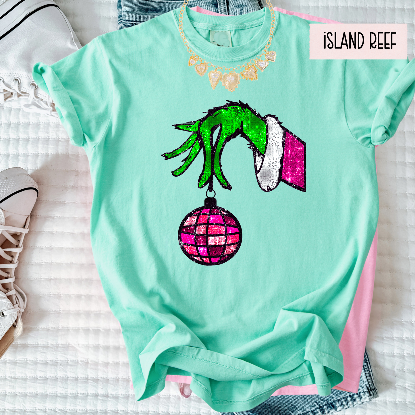 Christmas Hand & Disco Ornament Tee | Faux Glitter Holiday Shirt | Women’s Comfort Colors Tee