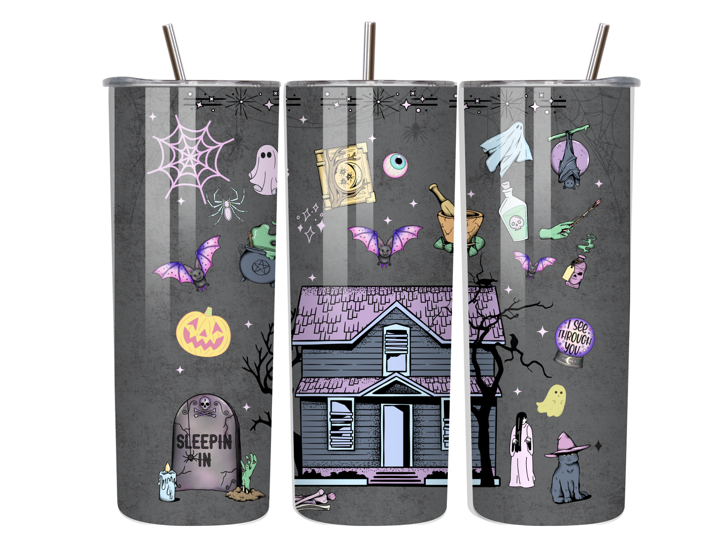 Haunted House on Pastel Lane – 20oz Creepy Cute Tumbler with Ghosts & Bats