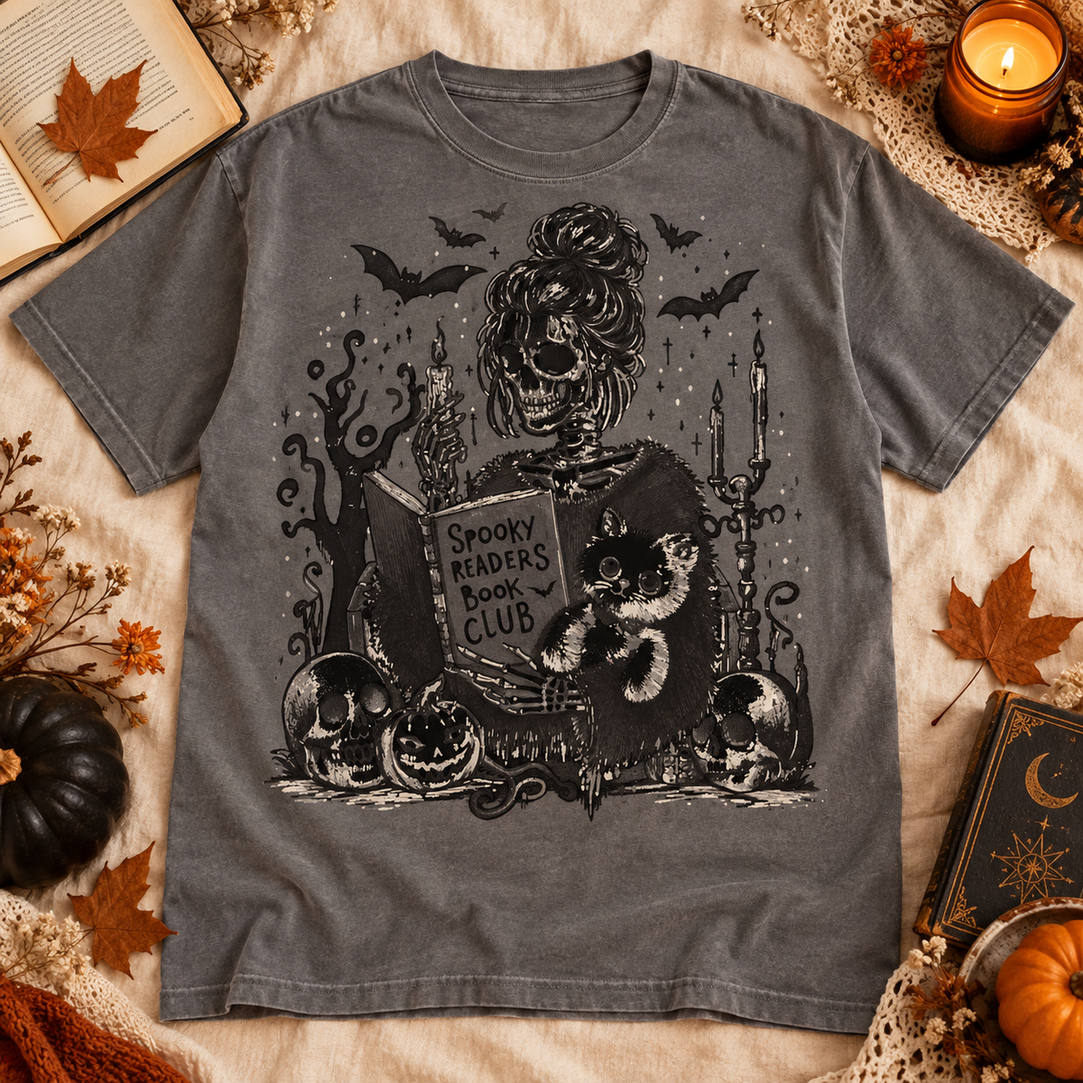 Gray Comfort Colors Halloween T-shirt featuring Spooky Readers Book Club Skeleton