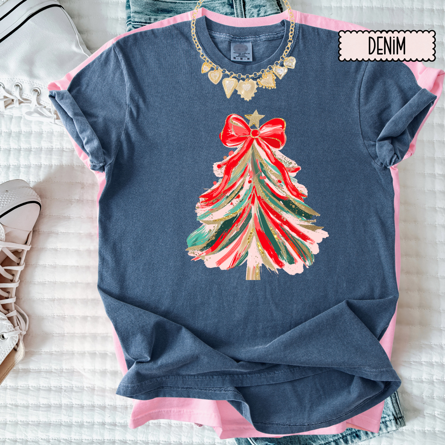Whimsical Christmas Tree Bow T-Shirt – Festive Holiday Graphic Tee for Women