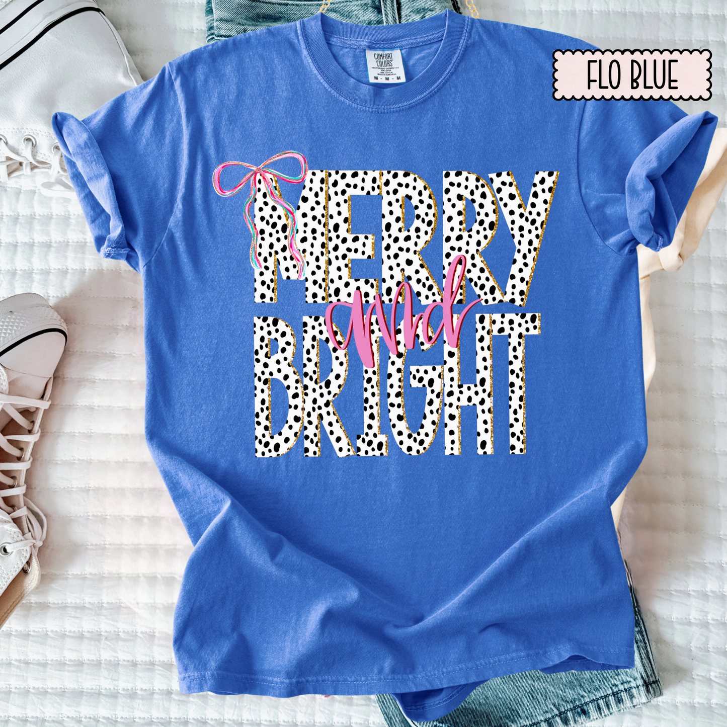 Merry & Bright Dalmatian Print Christmas Tee – Girly Holiday Graphic T-Shirt for Women
