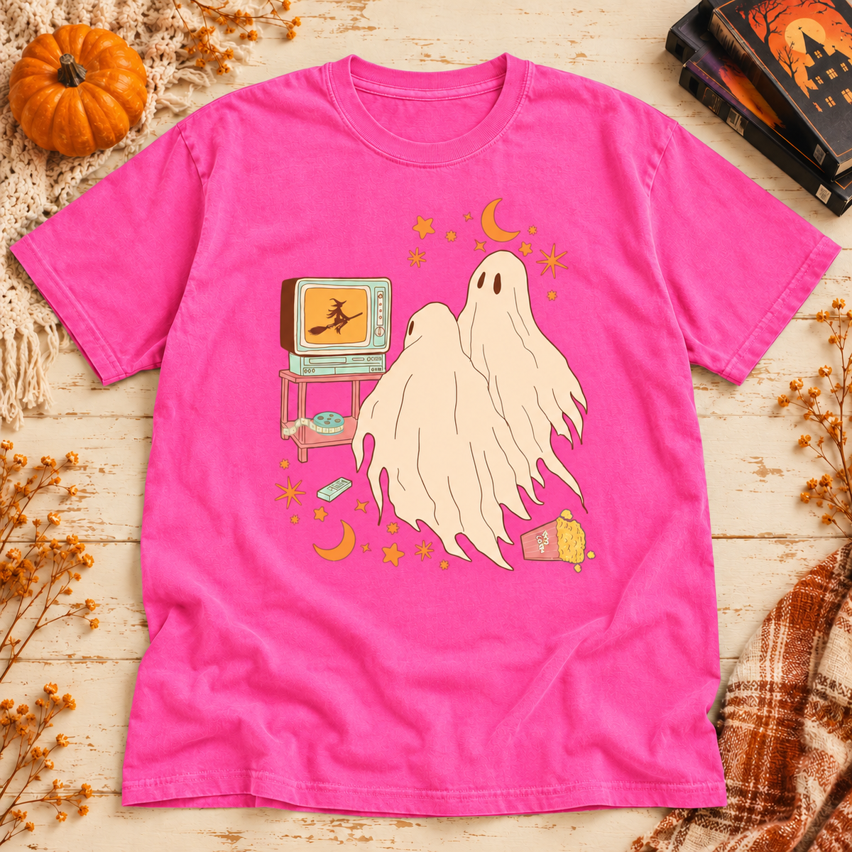 Neon Pink Comfort Colors Halloween T-shirt featuring Ghost Movie Night Pastel